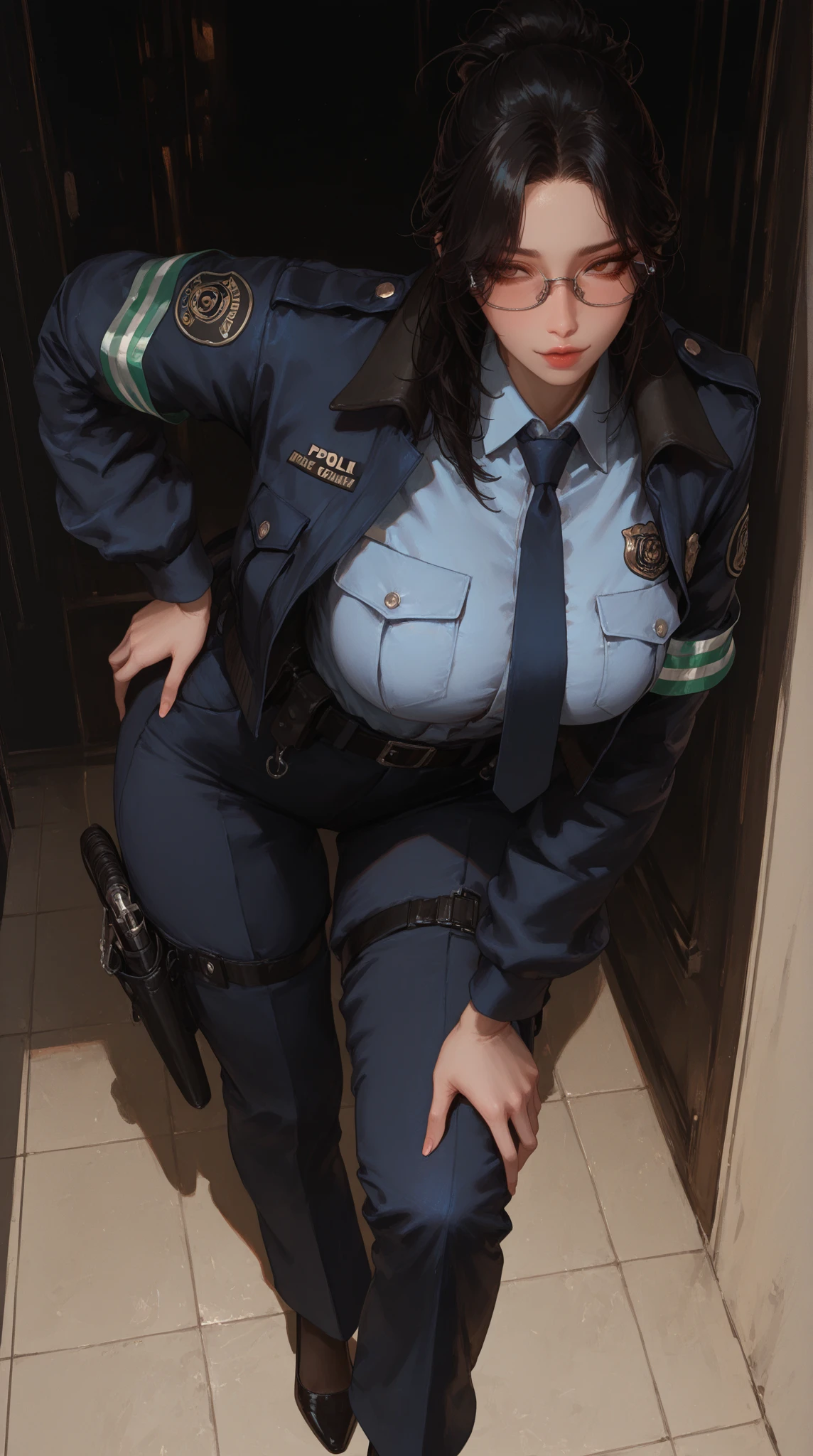  picture of a woman in a police uniform holding handcuffs, (sfw) safe for work, marin kitagawa fanart, seductive  girl, misato katsuragi, thicc, oppai, ilya kuvshinov. 4 k, oppai cyberpunk, commission for high res, in prison