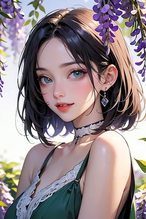 Very beautiful girl, (A smile that makes everyone around you happy)、Beautiful and fair、Beautiful Skin、Glowing Skin, bright, Refreshing and gentle look, Perfect beautiful face、Beautiful shiny bangs, Small breasts,((Sargent-style watercolor))、(Highest quality、masterpiece)、Soft Light、Indoor Botanical Garden、dome、(Lots of flowers)、Garden with fluttering petals、