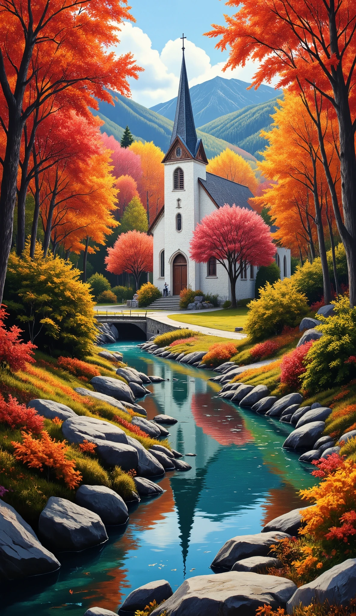 I'm imagining、A Masterpiece of Autumn Forest Paintings 、 bright color 、 spectacular dramatic expression intense style 、 Church in the Forest 、 A Cherry Tree is bearing fruit 、 A Gentle Little River、 crystal water top quality environment 、 Spectacular views 。