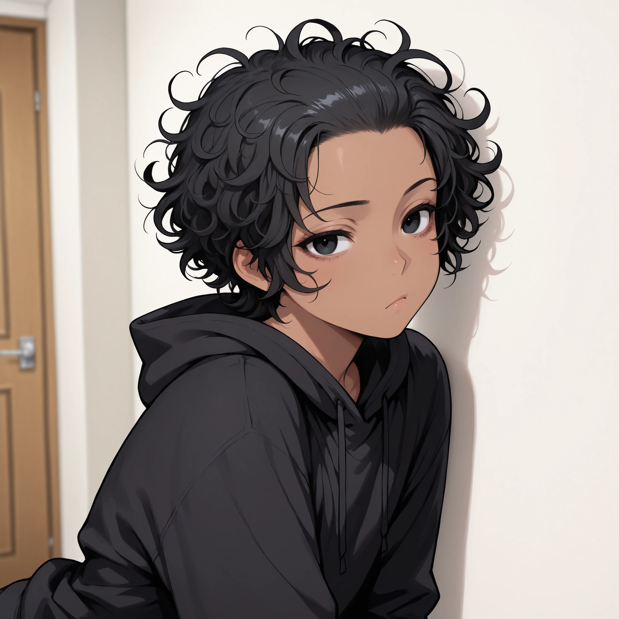 1boy , femboy , Tan skin , messy hair , black hair , black eyes , black hoodie , Big hoodie , bored expression , delicate features High Resolution , Masterpiece , Accurate , Anatomically Correct , (short hair) , looking at Viewer , Curly Hair , Bedroom background , leaning against the wall , Hair Pulled back