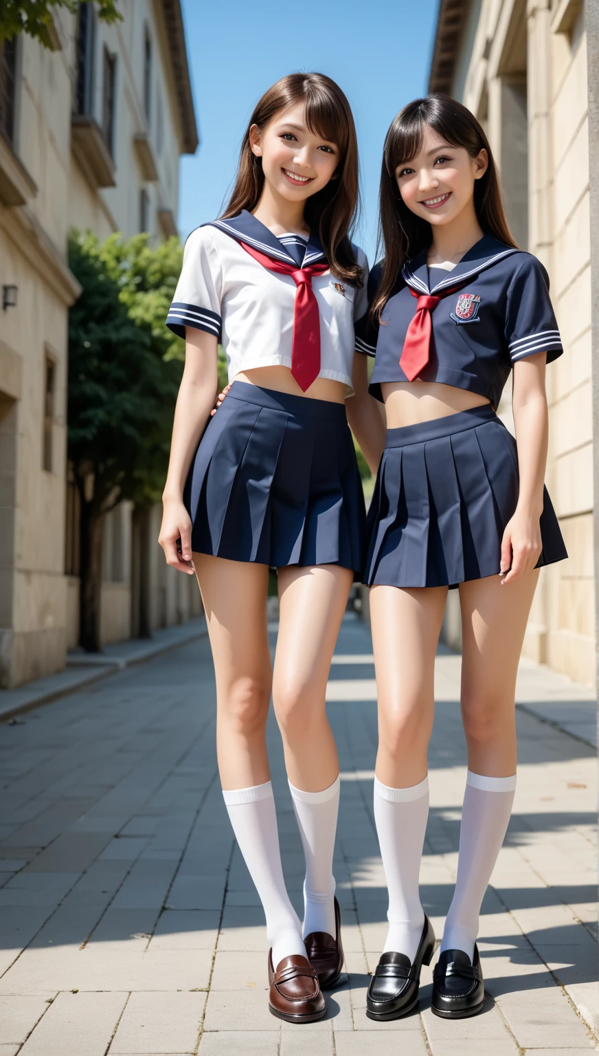 (masterpiece,Highest quality,High resolution,Realistic:1.2),(1girl:1.5), (The high school girl is wearing a short-sleeved white sailor uniform and a short, plaid pleated skirt., White panties slightly exposed:1.2),(Smiling with teeth showing:1.3),(Bobcut, Black Hair:1.3),(Reduce exposed skin,Belly not exposed:1.2),(Cowboy Shot:1.5),(16 year old Japanese female:1.2),(The clothing size fits perfectly:1.2),(School corridor:1.3), (Camel Toe:1.3), (Thick thighs:1.2), (A is a view from below:1.4)