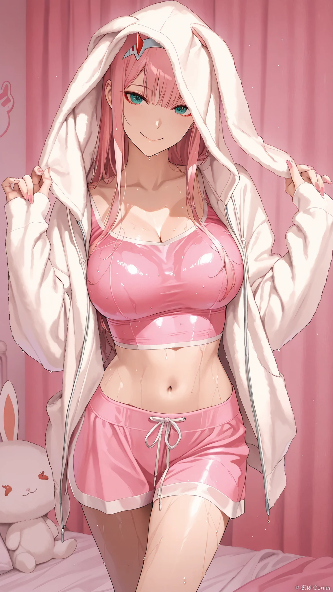 masterpiece, 1 girl, beautiful woman, Zero Two, wearing a pink crop top with a fuzzy white rabbit ear hoodie. The hoodie is open, revealing the pink crop top underneath. wet、Big Breasts、nails, pink nails collors, smile girls, in bedroom, bedroom background, colorful, vibrant, Shining Contours 、Official Art、viewer, masterpiece, is very beautiful、BEST QUALITY , 8k , masterpiece , beautiful woman , perfect body , very detailed skin ,