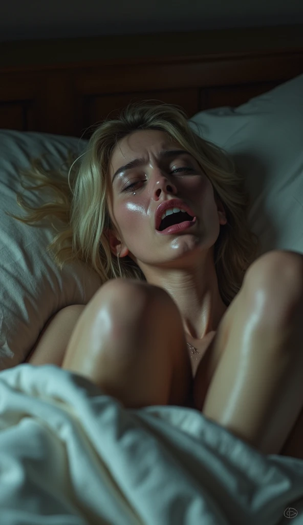 nude, lying on bed, slave collar, realistic dull skin texture, viewed from above, legs open, (tied up:1.9), (handcuffed:1.6), large breasts, krnnshpk woman, Kiernan Shipka, (cum:2.0)
