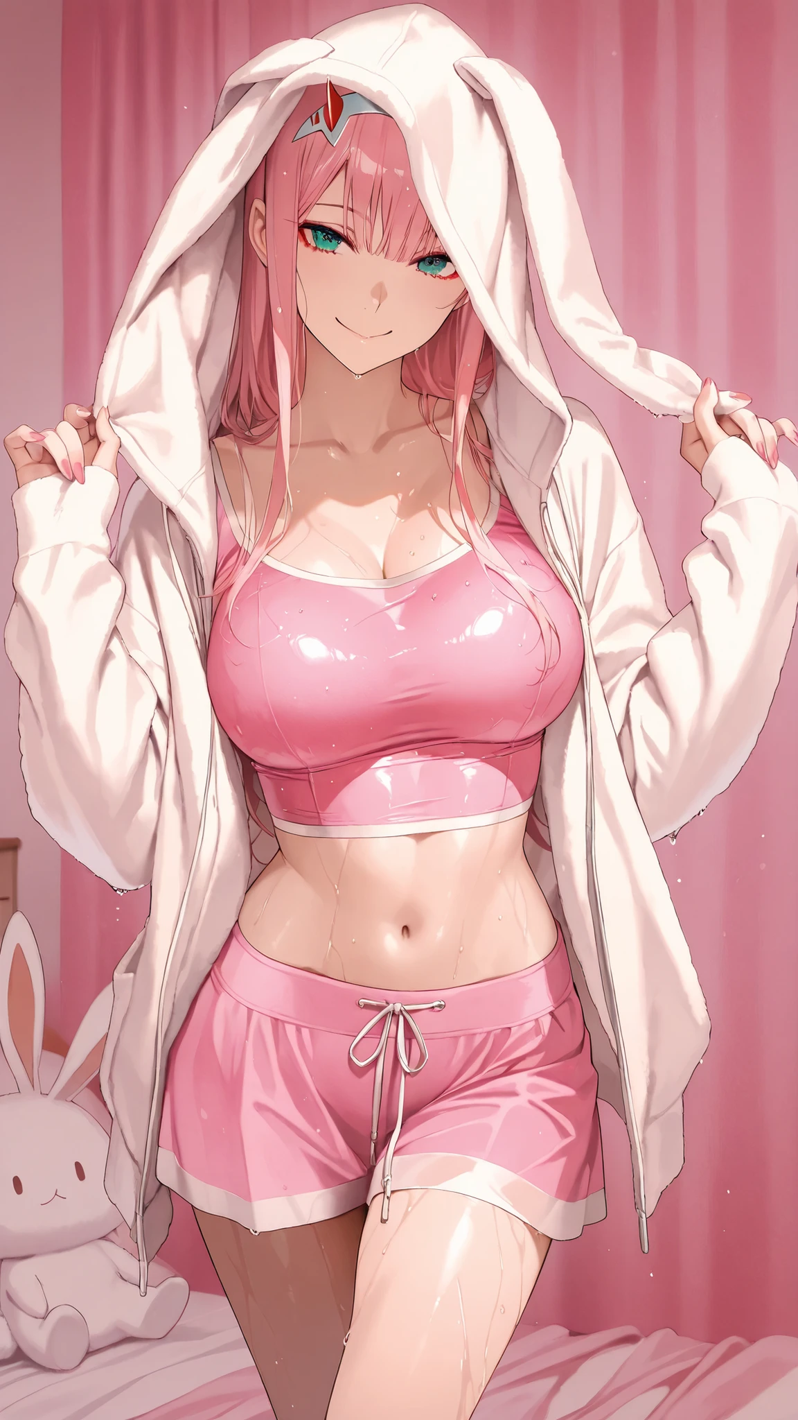 masterpiece, 1 girl, beautiful woman, Zero Two, wearing a pink crop top with a fuzzy white rabbit ear hoodie. The hoodie is open, revealing the pink crop top underneath. wet、Big Breasts、nails, pink nails collors, smile girls, in bedroom, bedroom background, colorful, vibrant, Shining Contours 、Official Art、viewer, masterpiece, is very beautiful、BEST QUALITY , 8k , masterpiece , beautiful woman , perfect body , very detailed skin ,