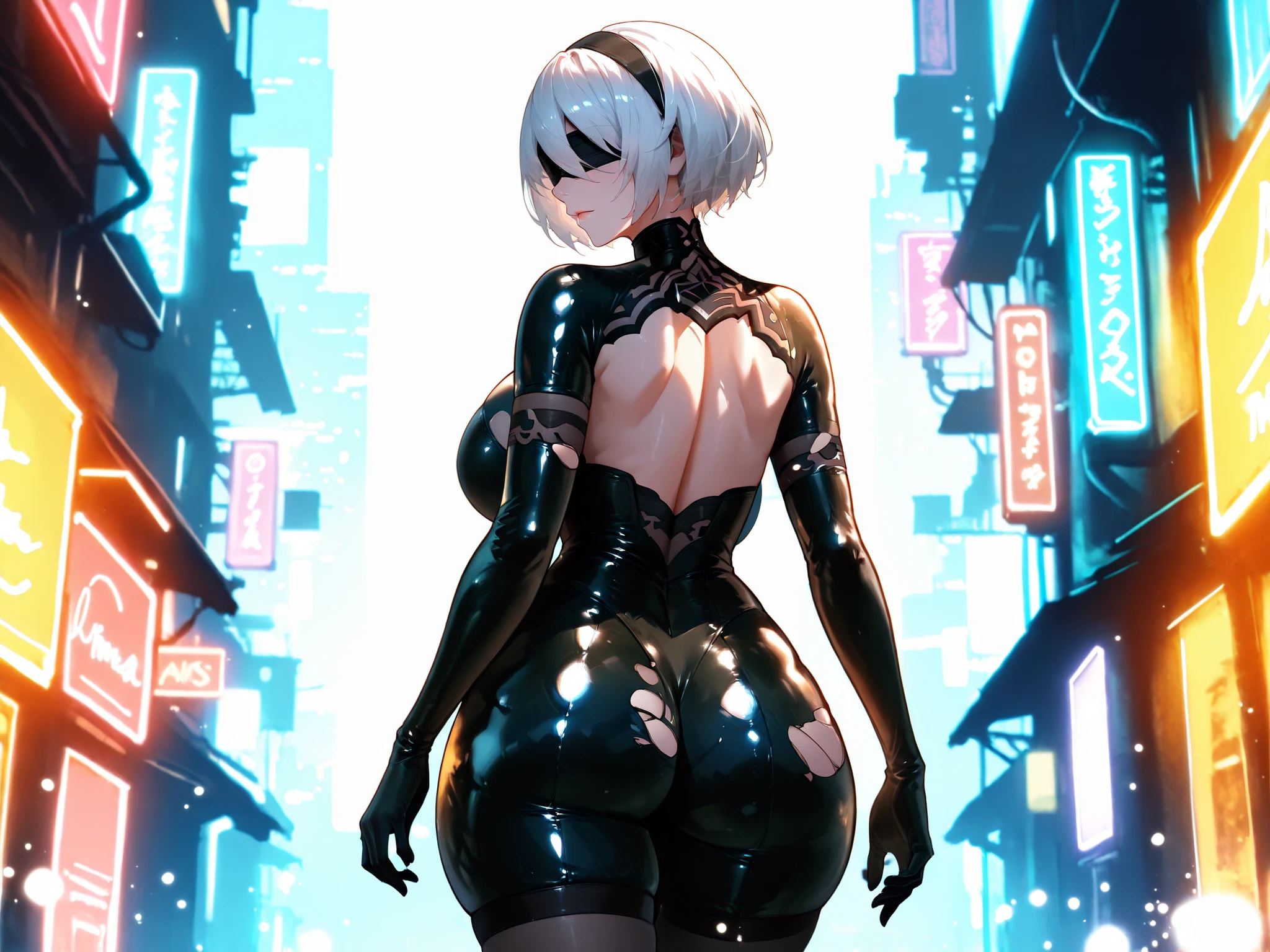 "2B from NieR: Automata shown from behind in a dimly lit cyberpunk corridor with blue and violet neon reflections on the metallic surfaces.
She stands confidently, looking slightly over her shoulder, blindfold in place with no eyes showing.
Her glossy latex outfit is torn along her back and thighs, revealing smooth skin and a sensual silhouette.
Her white hair cascades down to her shoulder blades, illuminated by ambient neon light.
Soft mist rises from the ground, and particles shimmer through the air.
Anime style, cinematic lighting, solo shot, elegant pose, high detail.
huge breasts, busty body, thick thighs, curvy, voluptuous."