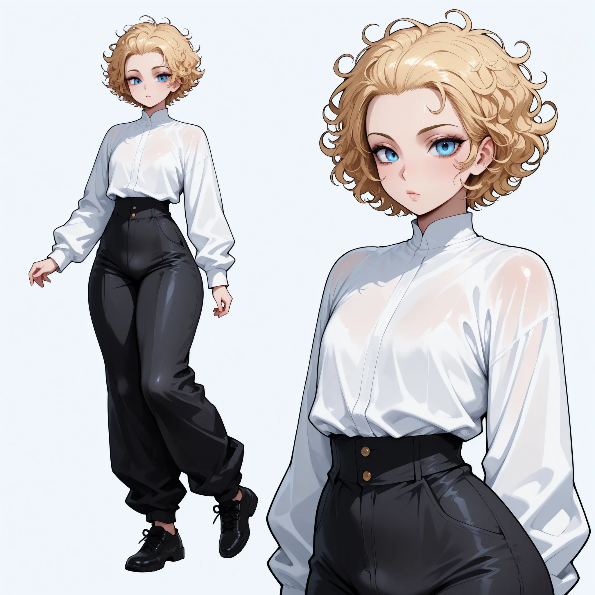 1boy, femboy, blonde Hair, curly hair, blue eyes, thick thighs, small waist, black baggy pants, white shirt, messy hair, curly hair, short hair, hair pulled back, Glossy skin, long sleeves, multiple views, black shoes, slender shoulders