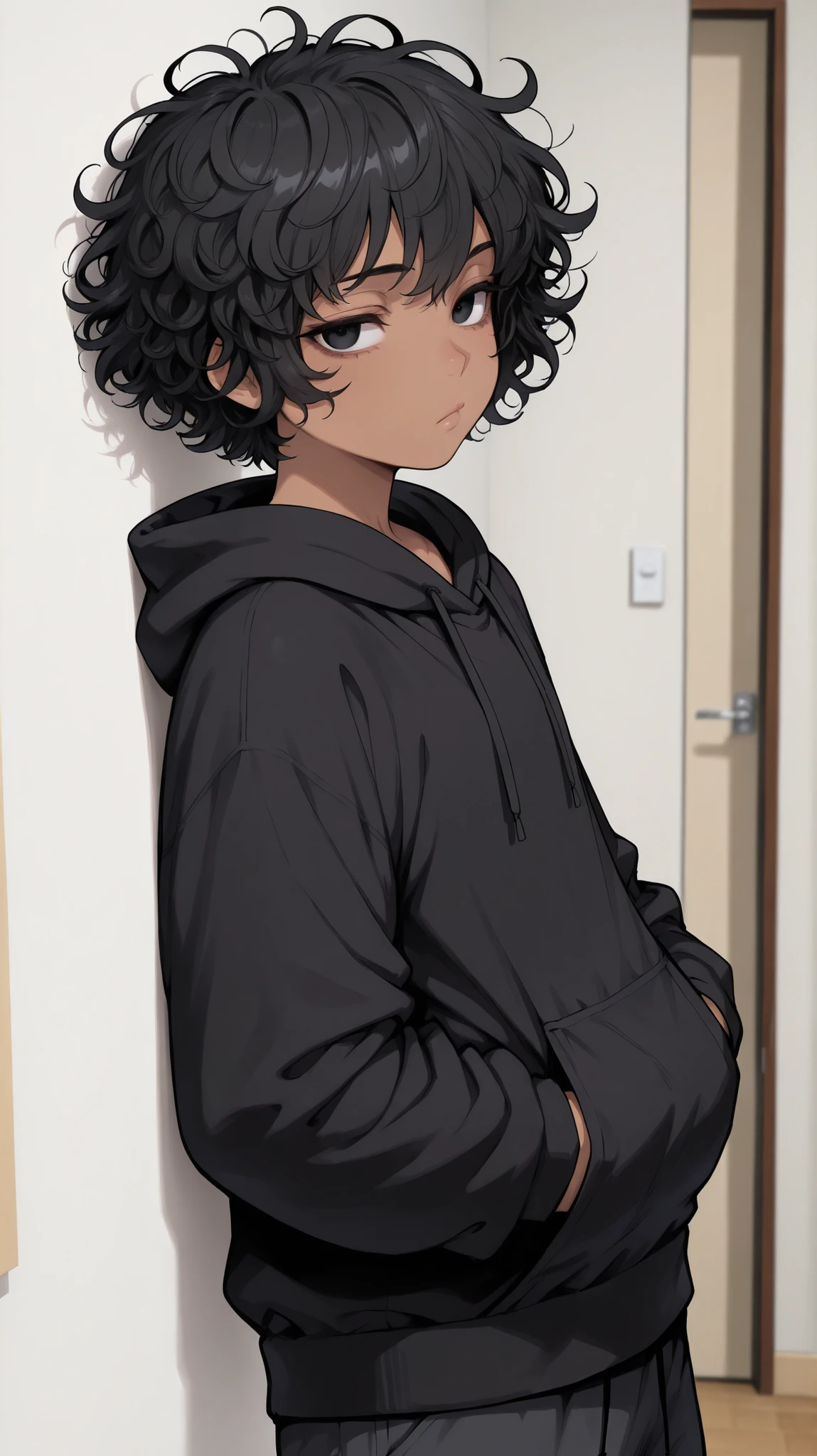1boy , femboy , Tan skin , messy hair , black hair , black eyes , black hoodie , Big hoodie , bored expression , delicate features High Resolution , Masterpiece , Accurate , Anatomically Correct , (short hair) , looking at Viewer , Curly Hair , Bedroom background , leaning against the wall , Baggy pants
