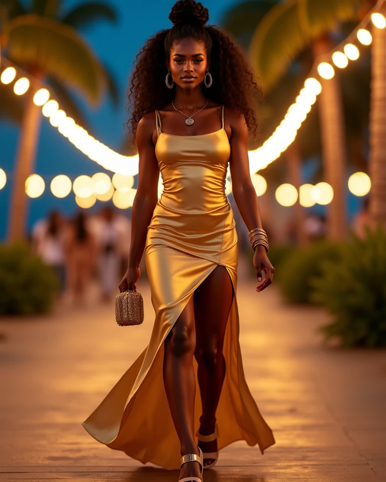 Create an incredibly beautiful woman. She has dark skin, with a rich, radiant tone that seems to shine in the sunlight. Her green eyes are penetrating and expressive, reflecting a mixture of curiosity and confidence. Her curly hair cascades around her shoulders, displaying a natural texture and full of life. She is wearing an elegant and colorful dress, which perfectly embraces her sculpted curves and enhances her femininity. Her posture is haughty and graceful, emanating an aura of power and self-confidence.