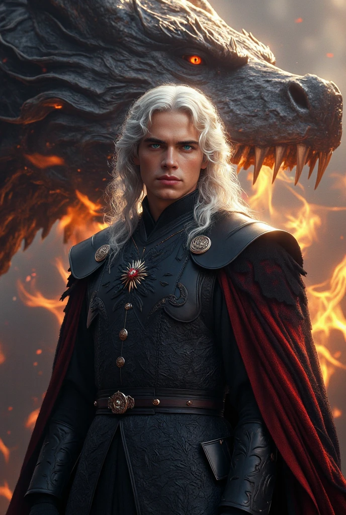 intricate highly detailed portrait of a handsome aesthetic targaryen prince, long curly platinum blonde hair, a large Dark Red dread targaryen dragon next him.