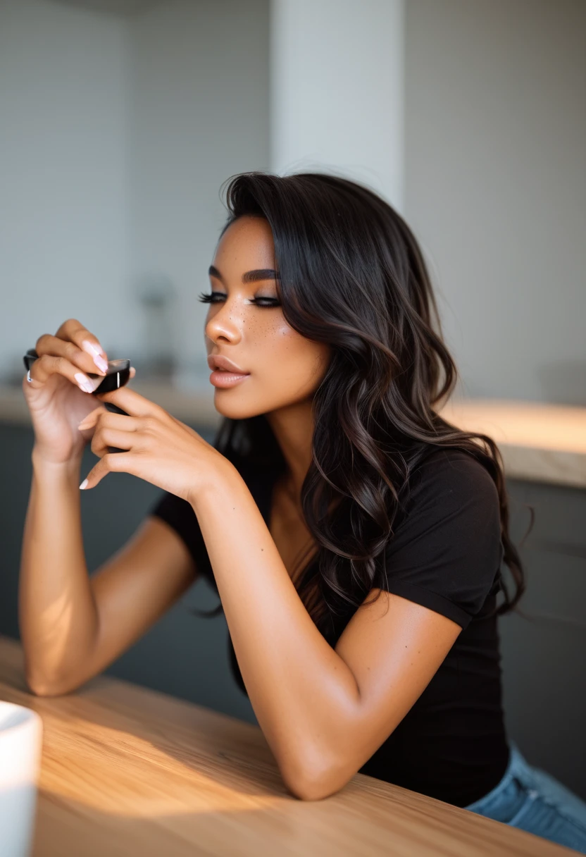 1girl, long_hair, black female smoking a wood in a pretty female bedroom on the phone with a male