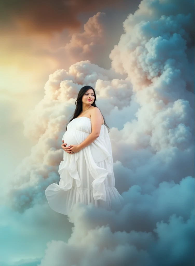 (Masterpiece), Perfect, side view of a brown hair pregnant nude woman in white transparent dress, look at viewer, beautiful face, the iris of her eyes are equally proportional in size and equally illuminated by light, she have elegant hairstyle, normal legs, sharpness in the photo, focus on the face and eyes of this woman, she standing among thick white clouds and mountain peaks visible from the clouds panorama and background