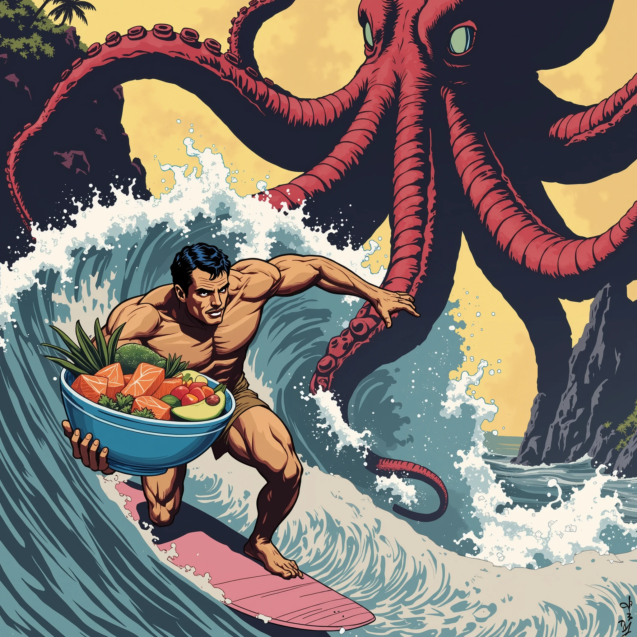 cartoon of a man wearing a tiki mask holding delicous hawaiian poke bowls surfing on a wave with an octopus nearby, nychos art aesthetic, epic full color illustration, nychos, nychos and arcimboldo, monster ashore, full color digital illustration, squid attack, full art illustration, lowbrow art style, in the style dan mumford artwork, el bosco and dan mumford, dan decarlo art style