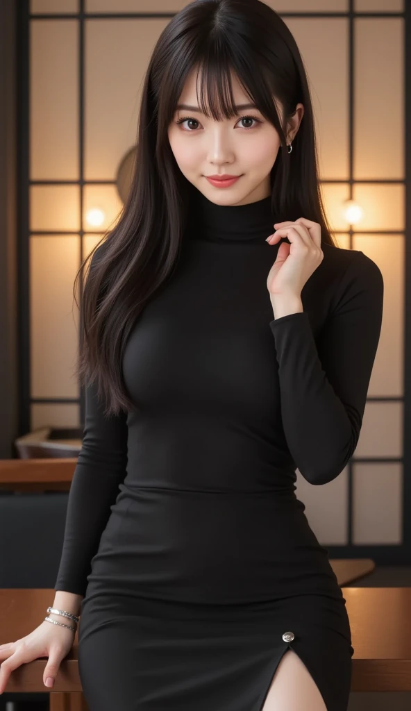 Korean girl, black hair, older sister, putting her hair in a ponytail and smiling to the narrator, high definition picture, masterpiece, (beautiful girl, cafe, enchanting, virgin, sexy), (secretary), coquettish smile, coquettish woman,