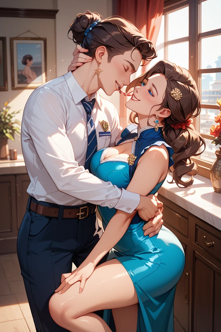 The man in his 45s with black very short hair and smooth face with moustache. The woman in her 45s with brown wavy long hair. The man is wearing a white shirt with the buttons open. The woman is wearing a yellow dress. In the garden. The woman is sitting at the iron table. Night, dark, dim. Missionary sex. They are moaning. Orgasm. Passion. Erotic. Realistic. Ulrta realistic.