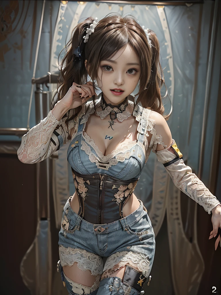 (Full Body View:1.3)、(Beautiful lips and nose:1.4)、(Long eyelashes:1.4)、(Side view:1.1)、(Smiling with teeth showing:1.3),(Shibuya Gal:1.5)、(Gothic Lolita delicately decorated dress:1.5)、(Tattered denim and black punk rock cargo pants:1.5)、(Denim and white skull mark small jacket:1.4)、(denim garter belt:1.5)、(Black and denim knee socks:1.3)、(Skull Silver Accessories:1.5)、(Denim collar:1.3)、(Brown Skin Belt:1.4)、(Brown boots:1.2)、(The underwear is striped:1.4)、31 years old、((Highest quality、In 8K、masterpiece:1.3))、Sharp focus:1.2、(Layered Cut、Huge boobs:1.1),Beautiful woman with perfect figure:1.4、(Dancing vigorously:1.3)、Slender Abs:1.2、Highly detailed face and skin texture、Detailed eyes、double eyelid,(Twin tails:1.3)、(Brown-golden hair:1.3)、Gravure idol、(The background is a gorgeous celestial temple:1.3)、(Slim body:1.2),(Make your legs thinner:1.4),(clavicle:1.1)