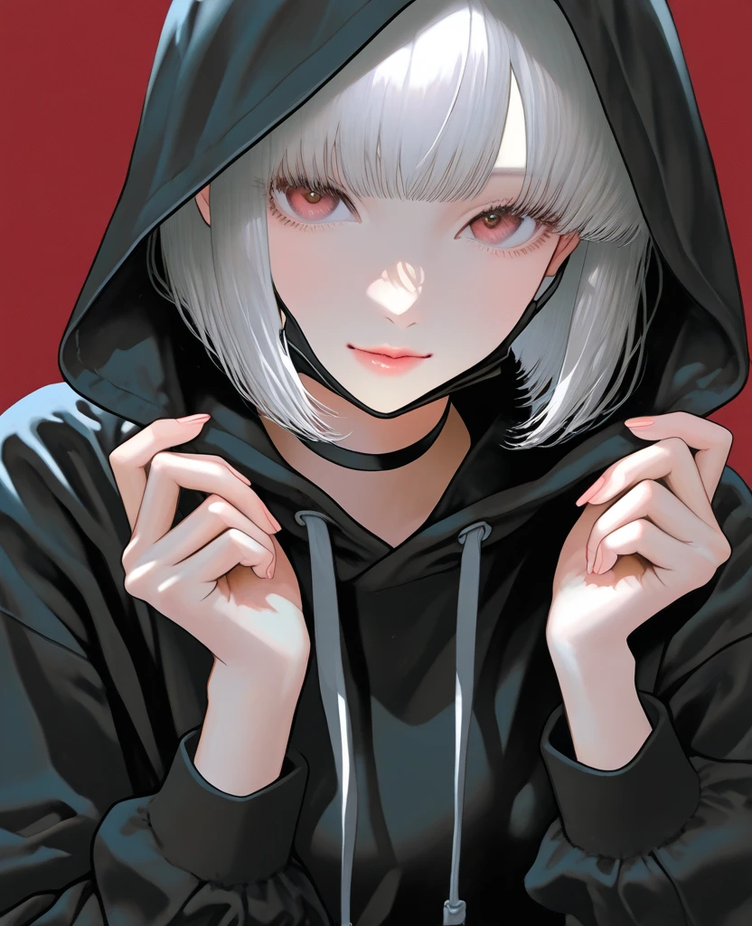 1girl, sarcastic smile, eyebags, gray-colored eyes, messy shoulder-length gray hair, wearing black hoodie, has a cigarette on hand, looking slightly tired.