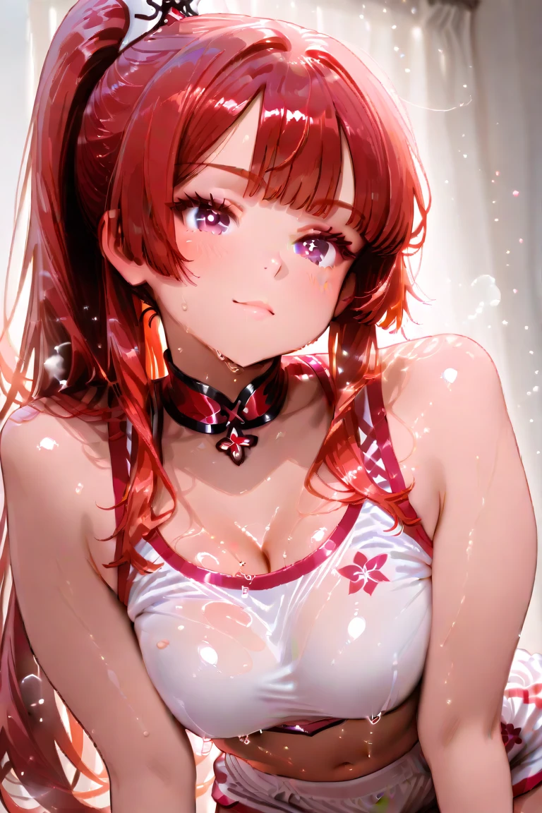 work of art, 1 girl, Red tied_body hair, don , nuts_ssmile, detailded_fund, blossom,(beautiful lighting:1.3), blush, looking ahead at viewer