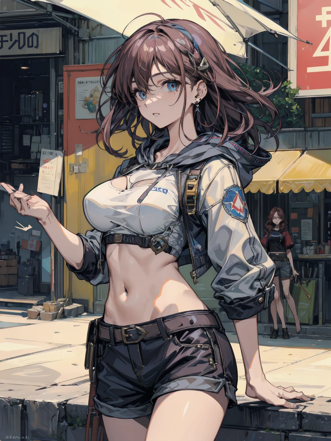 (((Masterpiece))), (((Best Quality))),Ultra High Resolution, Caustics, Detailed, (Beautiful Detailed Eyes),Perfect Anatomy,nsfw, solo,cowboy shot,20 year old beauty,slender body,toned body,oily skin, gleaming skin,shiny skin,medium breasts,brown eyes,sad,(ponytail),medium hair,brown hair,white hoodie、Denim Microshorts、bustling street、congestion、A large number of passers-by、Tokyo