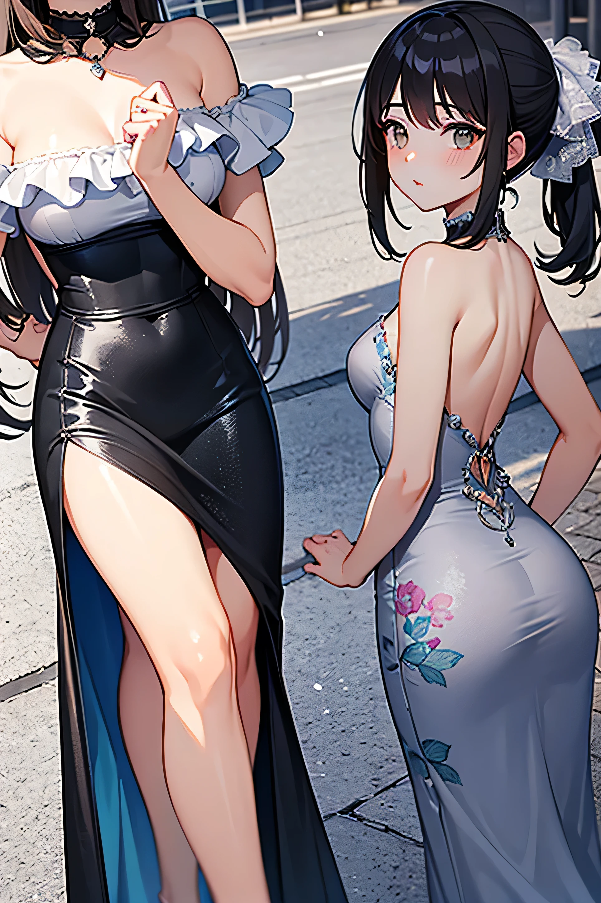 score_9, score_8_up, score_7_up, score_6_up, score_5_up, score_4_up, (source_anime), 2girls, (( white woman, long black hair, big breasts, mom, big ass, Long black dress, Long dress)), Low Illumination, in public, horny, Surprise, night, A girl hiden under the dress, Bottom-up view, yuri, age diference