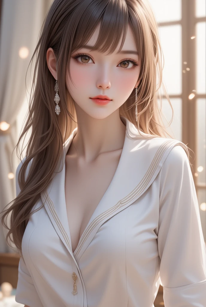 masterpiece, 1 girl, Fine grain, highest quality, Ultra High resolution, (reality: 1.4), Cinema Lighting, Beautiful Skin, (Ultra-realistic), (High resolution), (8k), (Very detailed), ( Best illustrations), Pouting slightly, (Crystal colorful lights), Extremely refined and beautiful, beautiful detailed eyes, Round eyes, detailed facial features, (Round pupils:1.4), (alluring face), Glistening Lips, smile, (small breasts:1.3), Open lips, (Beautiful and detailed face, Beautiful and delicate eyes), brown hair, long hair, sexy pose, bewitching pose, (arched back:1.3), grey suit, open jacket, office lady, suit, pants,