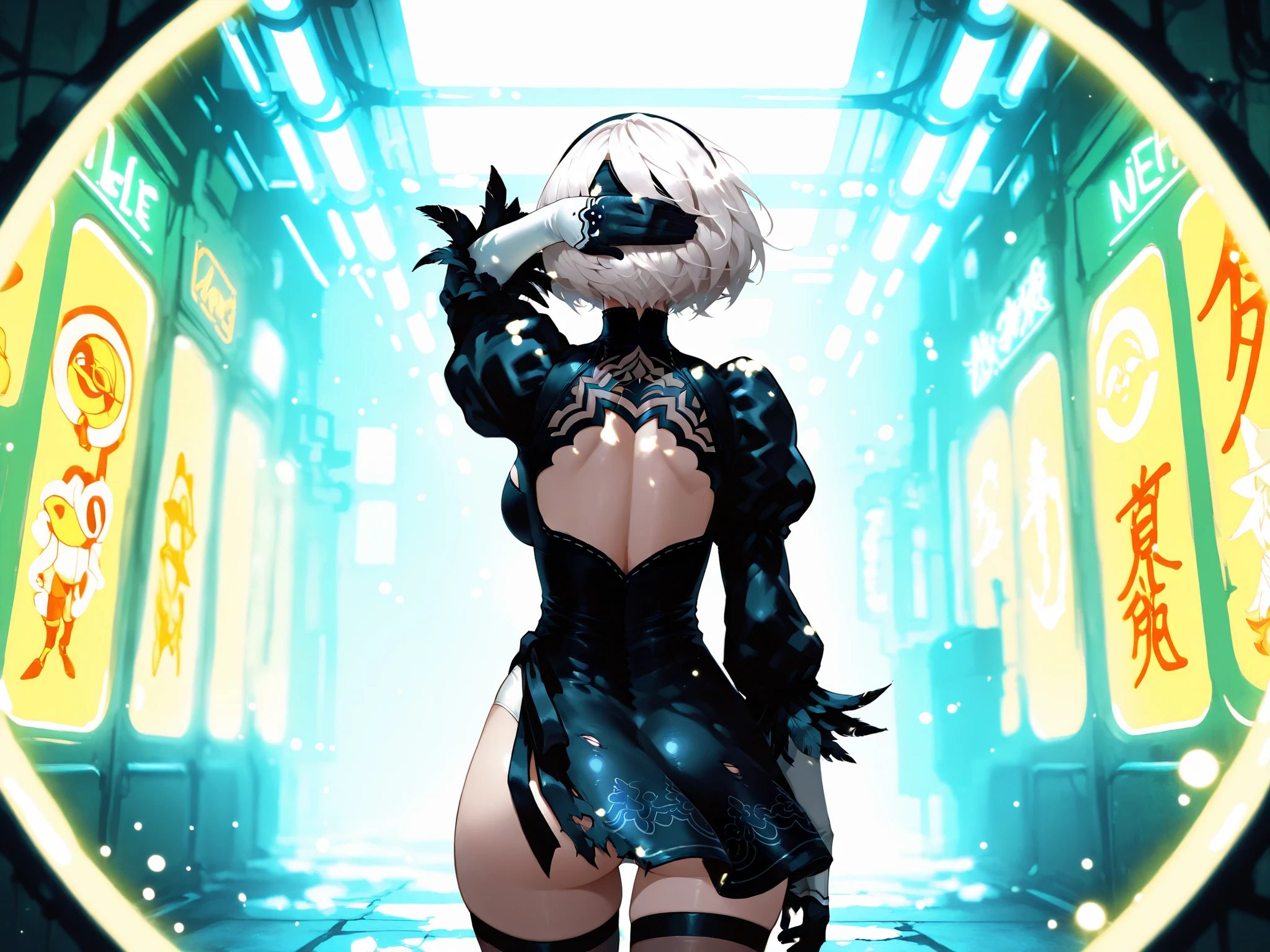 "2B from NieR: Automata in a dimly lit cyberpunk corridor with sleek metallic walls and scattered neon reflections in blue and violet tones.
Soft mist rises from the ground, and glowing particles float gently in the air, adding a surreal, atmospheric touch.
She wears a glossy black latex outfit, slightly torn at the back and thighs, revealing hints of skin and enhancing her sensual presence.
Her blindfold is fully intact, covering both eyes completely, and her white hair flows elegantly under the neon lights.
Cinematic lighting with a mix of ambient and backlight reflections, creating a dramatic, stylized visual.
Solo shot, anime style, high detail, elegant and provocative aesthetic, detailed textures, soft depth of field, boody Focus, visão de trás, back view, foco na bunda, olhar sobre o ombro