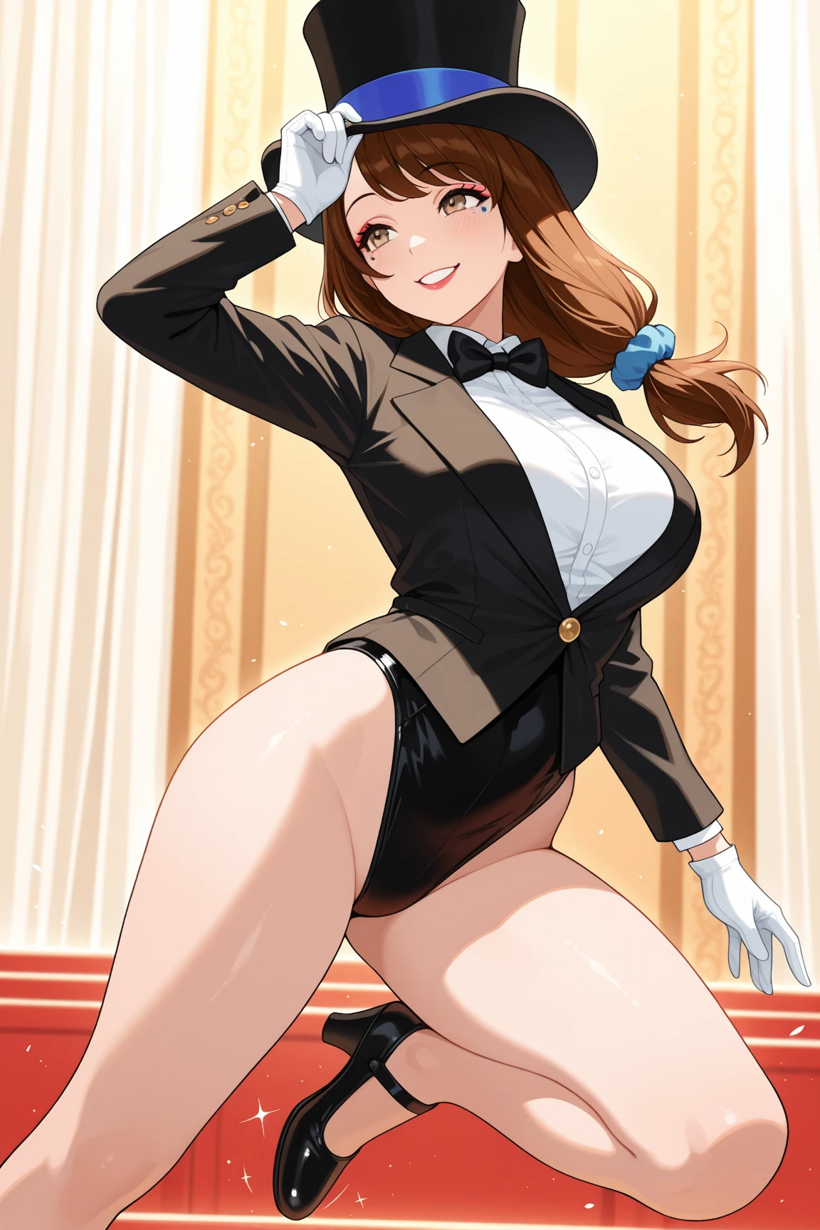1girl, kunikida hanamaru, brown hair, yellow eyes, blush, messy hair, masterpiece, high quality, detailed body, detailed face, bunny ears, detached collar, strapless leotard, wrist cuffs, fishnets, outside