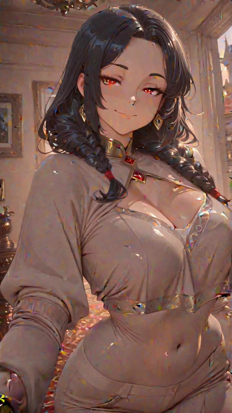 Amazing portrait of a sexy woman with her black hair tied in a braid and a beautiful fair toned face with amazing eyes and her perfect lips parted with blush on her cheeks with a flustered yet lustful expression on her face wearing a black blouse paired with a sheer floral blue saree in a bedroom at night time