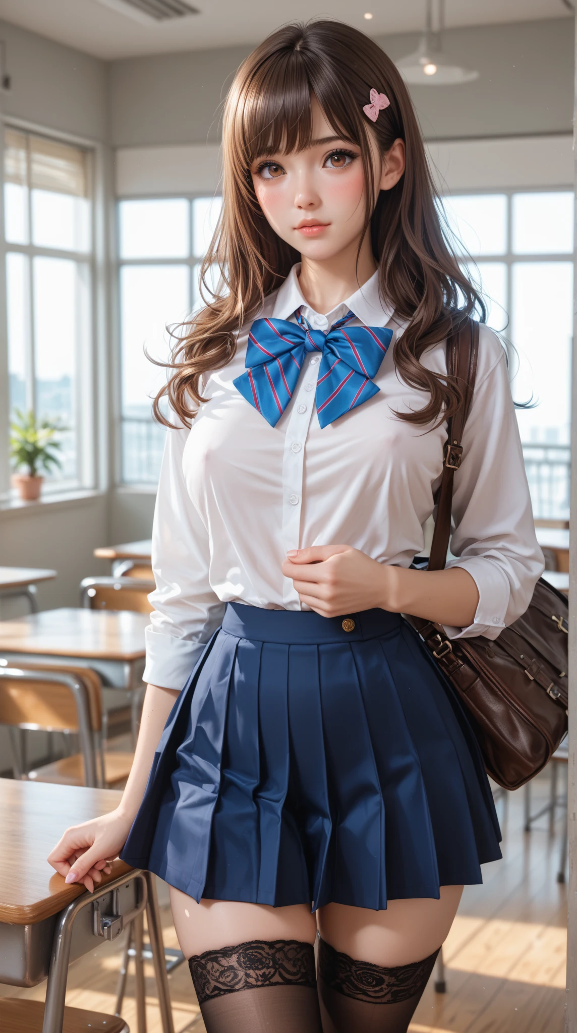 (masterpiece、Can be viewed、masterpiece、Highest Resolution
、Highest quality、Highest quality、Cinematic Lighting、High-end rendering、Safe at Work、Safety Sensor),Super large breasts 、Mature Girls、
((Biologically correct limb and finger count))、((Standing posture))、masterpiece、((Focus on the face))、((Symmetrical facial features))、Eyes with detailed description、Beautiful woman、Excellent style、Facial detailing、Earrings、Earrings、(gyaru makeup:1.5, Passion pink lips)、Erotic smile、 In a bed in a pink-lit love hotel、
Break: Grey-tinted blonde、Dark tanned skin、color contact lens、(White collared shirt and navy blue pleated skirt、High school girl uniform:1.5)、Sit on the bed、Squint your eyes、