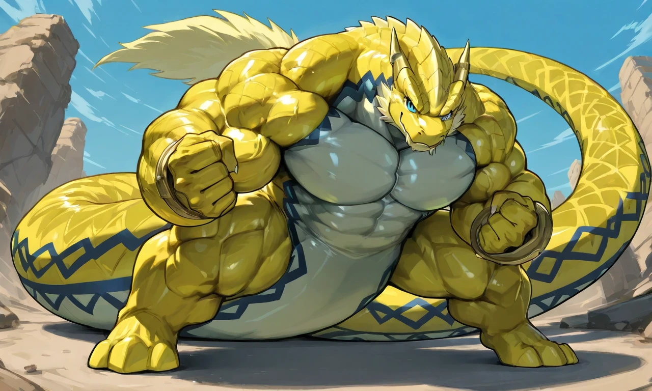 giant snake dragon, draconcopedes, solo, blue and yellow skin, blue thunder pattern, blue eyes, heavy weight massive, wide pectoral muscles, thick arms, long thick body, long tail, no legs, glossy skin, strong fighting pose, looking at viewer, full body, from below