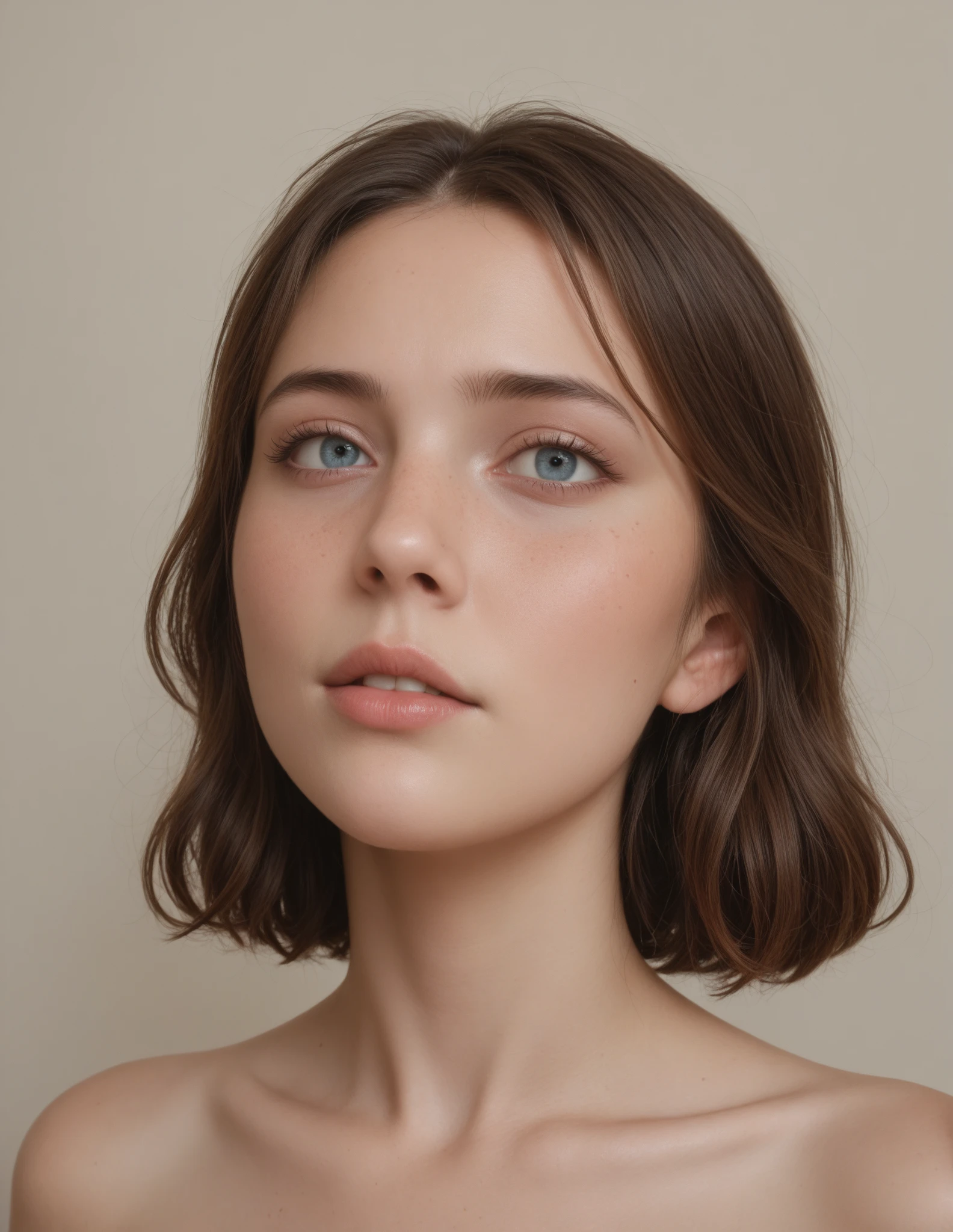 ((highest quality、8K resolution、master masterpiece、professional photography)), (very young 16 year old latvian girl:1.1)、latvian face、(Nude photos from the chest up:1.2)、pure white background、advertising image、clavicle、look at me and smile sadly、(accurate anatomy:1.1)、perfect makeup、(Super high resolution glossy white skin:1.1)、close up of nude face、very detailed face、very short bob、cleavage、big breasts