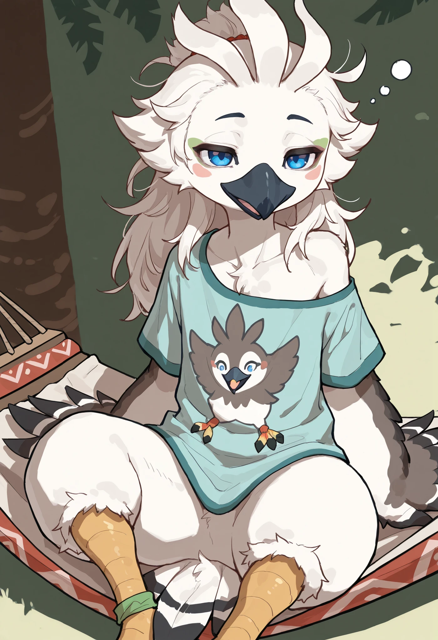 ((soft shading, 4k, hi res, detailed face, detailed, Best quality, masterpiece, perfect line art, perfect body, detailed anatomy, perfect shading)), by Zioxing, by Syuro, solo, 1male, Tulin, Rito, Rito[TLOZ], Rito, avian, blue eyes, bird, feathers, tail short plume, beak, anthro, boy body, t-shirt, left shoulder exposed, sitting on hammock, in the Rito Village, sleepy, loose hair, long hair, messy hair