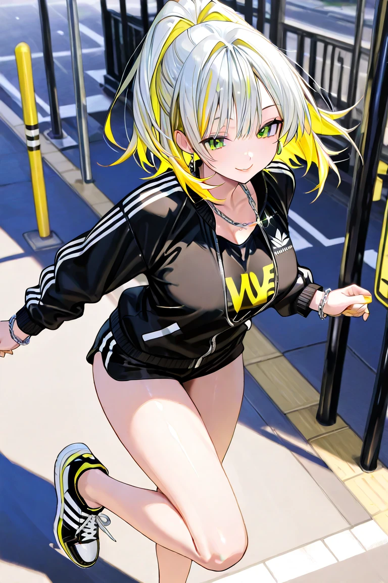 (best quality,highres:1.2),ultra-detailed,realistic,photorealistic:1.37,a beautiful girl(Himiko Toga) model in a pop style,18 years old,long legs,medium breasts,extremely detailed face (with emphasis on azure eyes),wearing tight-fitting clothes (exposing the stomach),sitting in a perfect split pose,illustration,colorful pop art style,dynamic lighting,neon colors