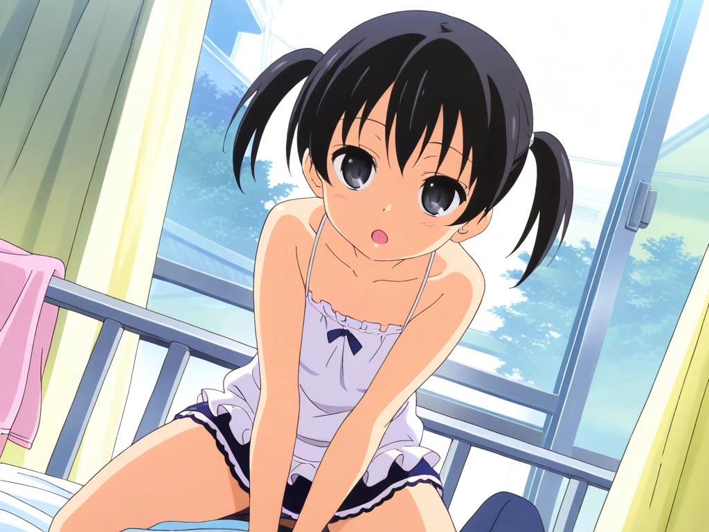 ayumiyoshida, , blue eyes, short hair, brown hair, bangs, hairband, short dress, smile, sitting on ground ,open legs,spread legs,socks,panties,outdoor