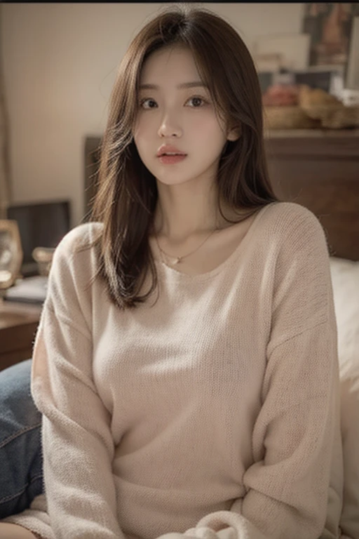 1girl,sitting on a cozy couch,crossing legs,soft light