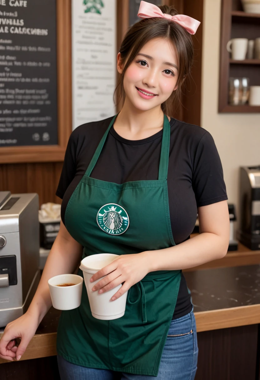 A sweaty girl works on a Starbucks workbench,She wears a black Starbucks baseball cap on her head,She wore only a green, soaked Starbucks apron,Wearing sweat,Reflective skin,high high quality、tmasterpiece、Hyper-Resolution、barechested、naked エプロン、wearing apron、full bodyesbian、
