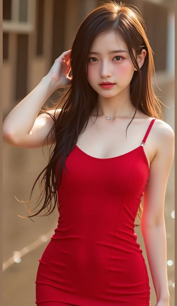20 year old girl, sexy model, red theme, long hair, high contrast (Natural skin texture, Hyperrealism, Soft Light, sharp), portrait, standing, kpop