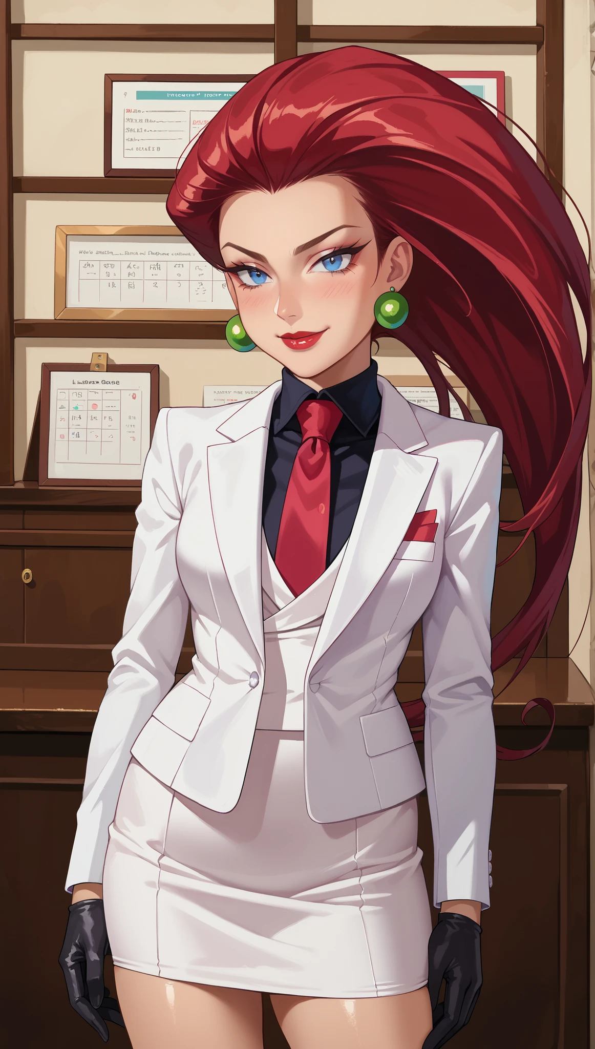 score_9, score_8_up,score_7_up, source_anime, 1girl, solo, looking at looking at viewer, high quality, EPpkJessie, long hair, blue eyes, (((adult))), red hair, hair slicked back, close up, portrait, shoulders up, face focus, white jacket, earrings, black gloves, jewelry, lipstick, looking to the side, makeup, white skirt, skirt, bodycon pencil skirt, knee-length skirt, full body, three-piece suit, (((white blazer))), (((shiny black shirt))), jacket, formal, waistcoat, vest, silk red necktie, pocket square, sassy, smug, look of superiority, looking down at viewer bedroom eyes, lidded eyes, detailed eyes