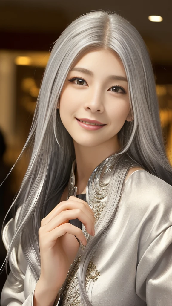  Woman 1,    high image quality  , masterpiece,   best quality ,   long hair,   ,   On a Chinese dress，  silver hair，    Mall Under Eye，Nose tape is fine、smile