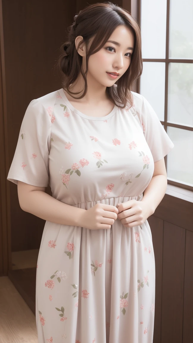 (((best quality))),(((ultra detailed))),(((masterpiece))),illustration,((a girl,solo)),(((fat,plump,overweight))),(obese:1.3),((small breasts,flat chest)),(in Honey Snow City:1.3),(bubble tea:1.2), ((round face,double chin)),rosy cheeks, bright eyes,(short ponytail:1.2), delicate earrings,(short-sleeved dress:1.3), floral patterns,(thick thighs:1.2),(loafers:1.2),(hourglass figure:1.3),(Red and white theme:1.3),cozy tea shop, cheerful posters,sunlight, expressive face, joyful laughter, summer afternoon, content, at ease,(standing:1.3),(arms behind back:1.5),((from front,full body))