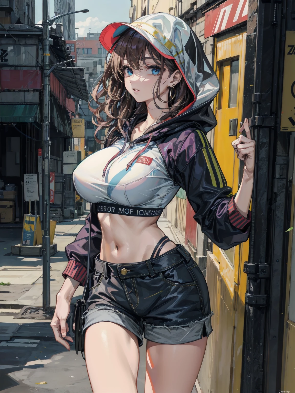 (((masterpiece))), ShizukaMikazuki, 1girl, solo, looking at viewer, short hair, brown hair, long sleeves, cleavage, medium breasts, closed mouth, collarbone, jacket, open clothes, open jacket, blue jacket, ground vehicle, sports bra, bicycle,