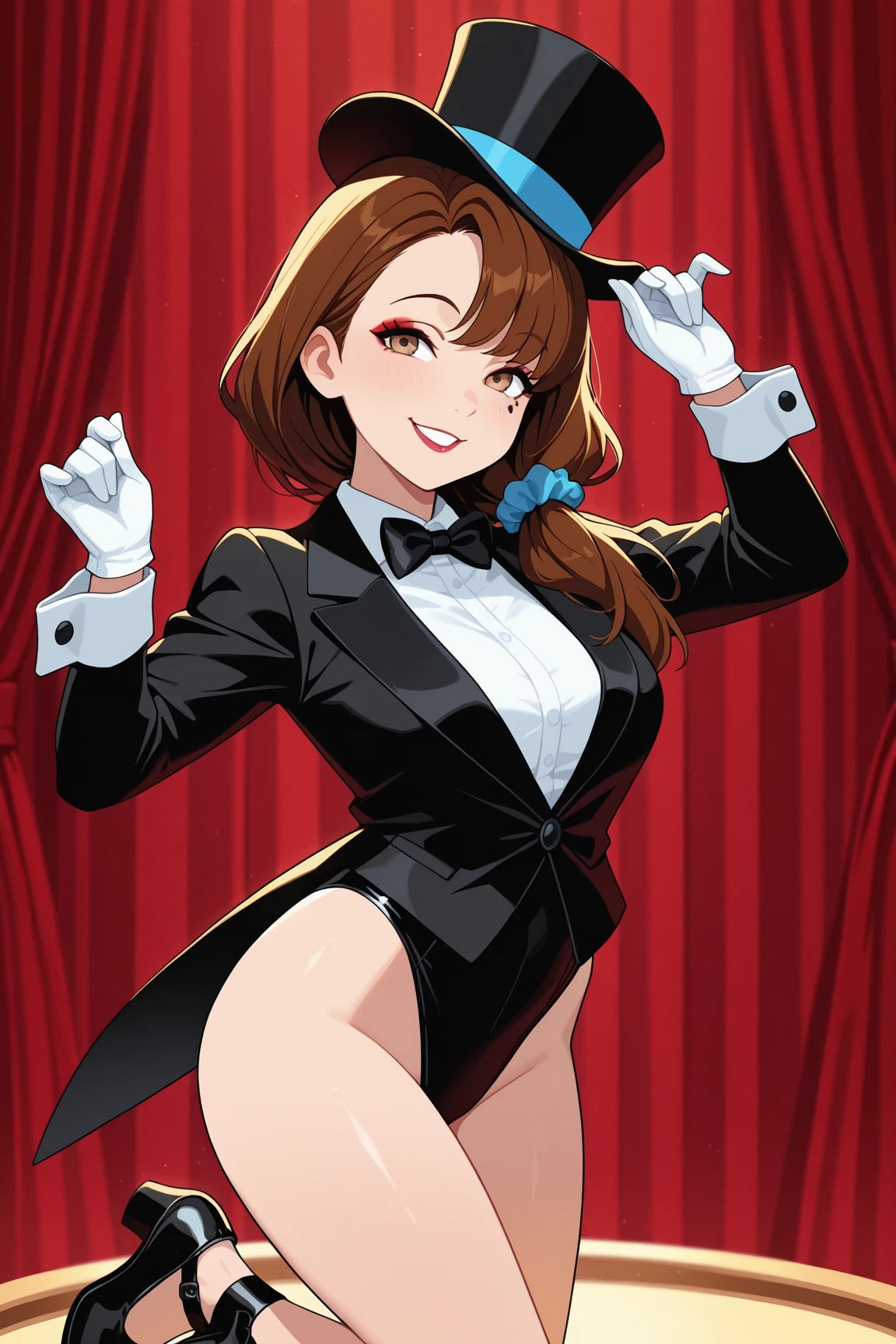 pantyhose, strapless leotard, bunny ears headband, bowtie, wrist cuffs, bunny tail, beautiful face, smiling, highly detailed, HD