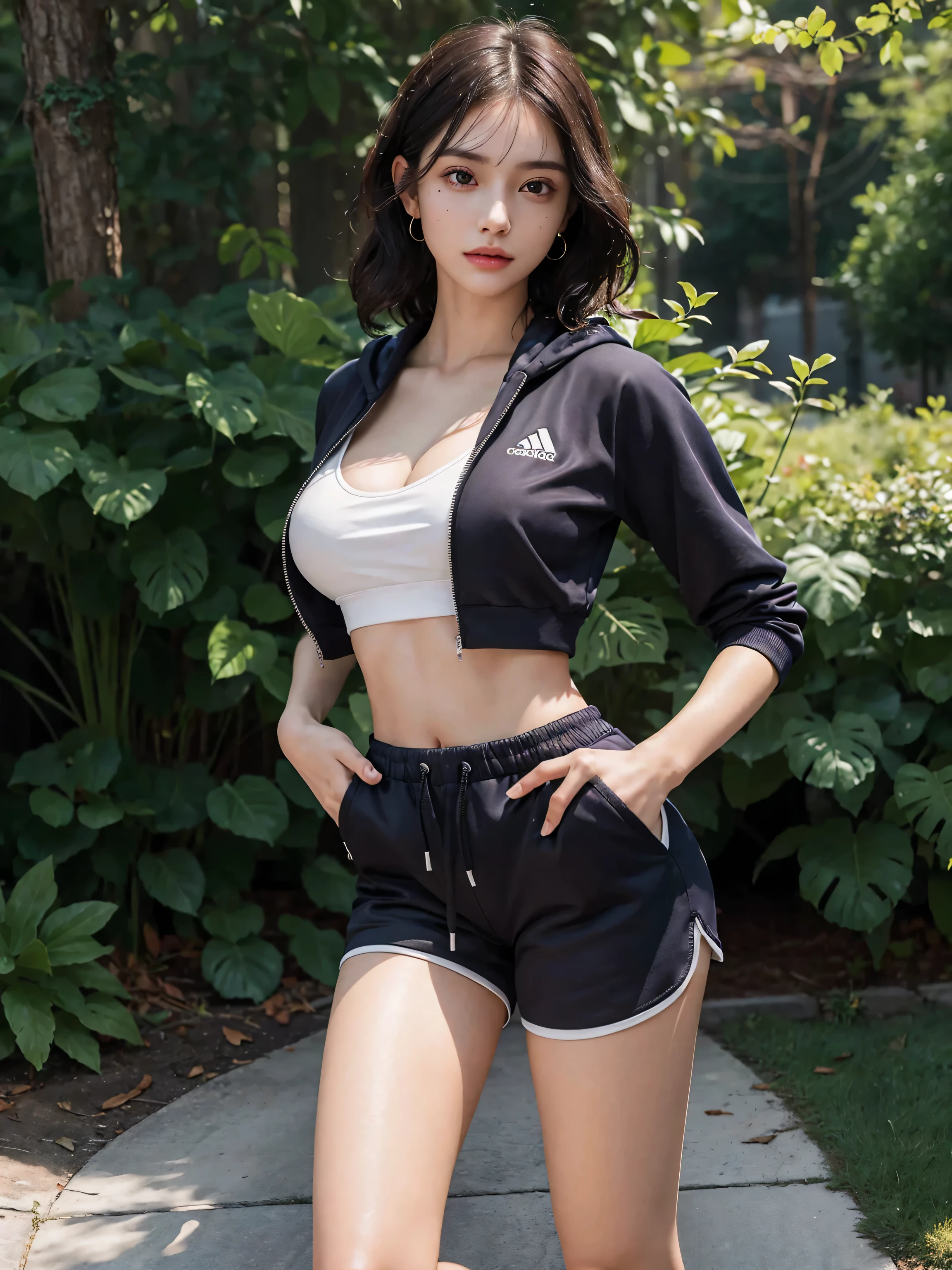 disorganized, RAW photo, very delicate and beautiful, masterpiece, highest quality, ultra high resolution, 16k, surreal, super detailed, perfect anatomy, super dense skin, perfect figure, Highly detailed CG 8k wallpaper, 20&#39;s, very slim body, (tight waist:1.2), very small head, very small face, delicate features, tearful mole, mole on chest, earrings, thin legs, (very huge round breasts:1.2), full body shot, short middle hair, wavy hair, (barefoot:1.1), (1 girl:1.3), (tracksuit:1.3), outdoor, (No sleeve:1.2), abdomen,