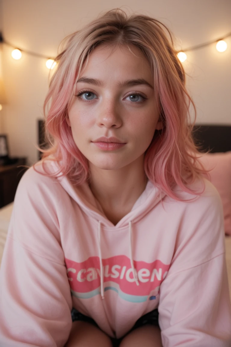 girl 21 years old, short shoulder-length hair, pink hair , leggins