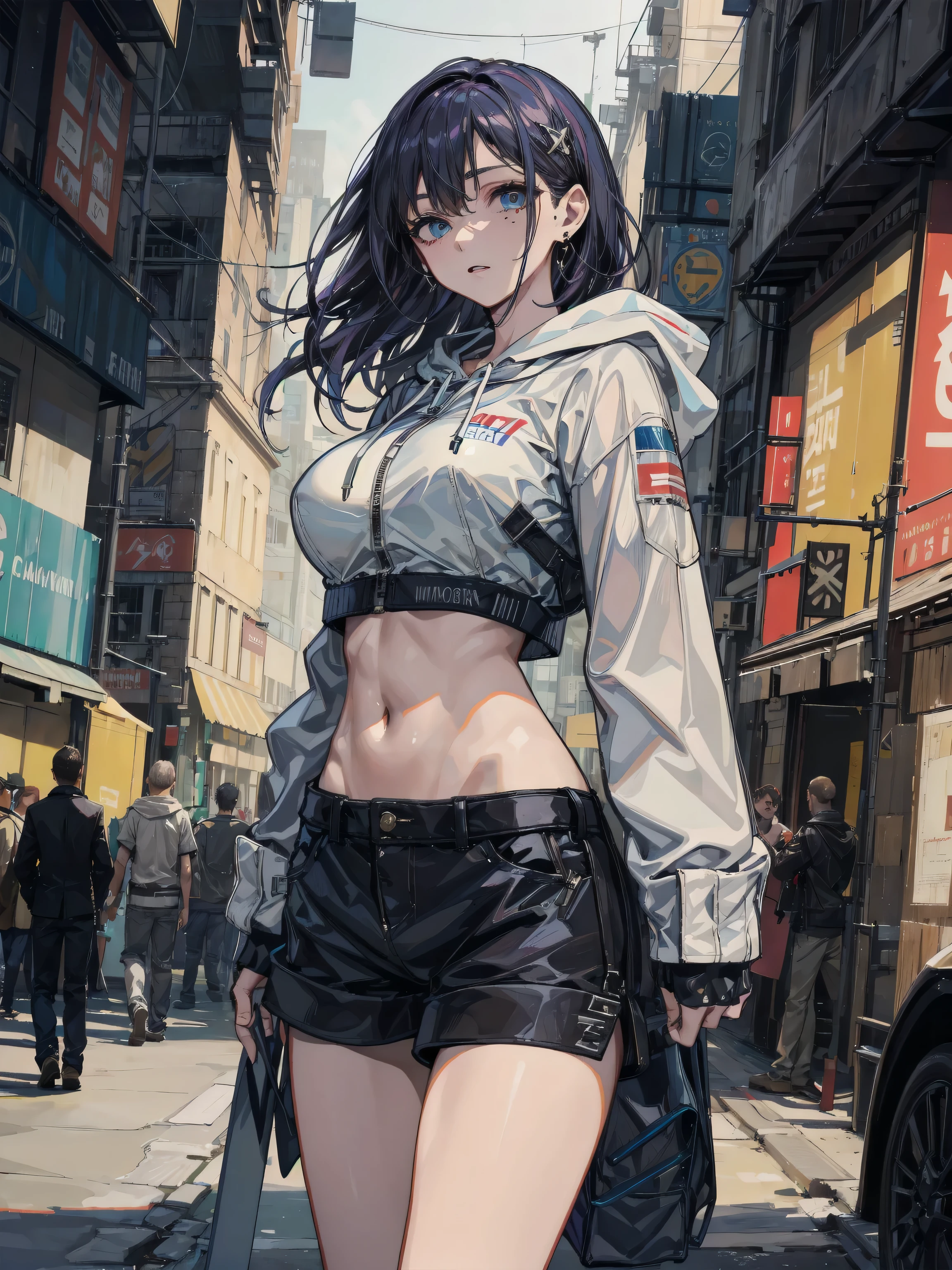 dance、Artistic jump、break dance、Intense movement、dynamism、Cyber city at night、Blade Runner atmosphere、Steam is coming out of the exhaust port on the road surface、The road is wet、solo、Fluttering Hair、Beautiful woman、Turquoise Eyes、Small Face、Abdominal muscles、Dark skin、、Bright smile、口をhalf開けて、White teeth are visible、(Asymmetrical bangs、Long black brown hair、half、grade、Hair on one eye、Disheveled Hair)、(cargo pants、spats、White sports bra、Short down jacket、Military Hoodies、gloves、White Sneezin Fingers、(See 4 books、One thumb)、Beautiful fingertips、Detailed Weapons、Human hand)、(Detailed face) 、(In 8K、Highest quality: 1.4、masterpiece、 Ultra-high resolution、 Highest Resolution,、Very detailed、 Professional Lighting、 Gray Light Lighting、Low angle from below、Blowing steam into the landscape、Fog in the landscape、Foggy、