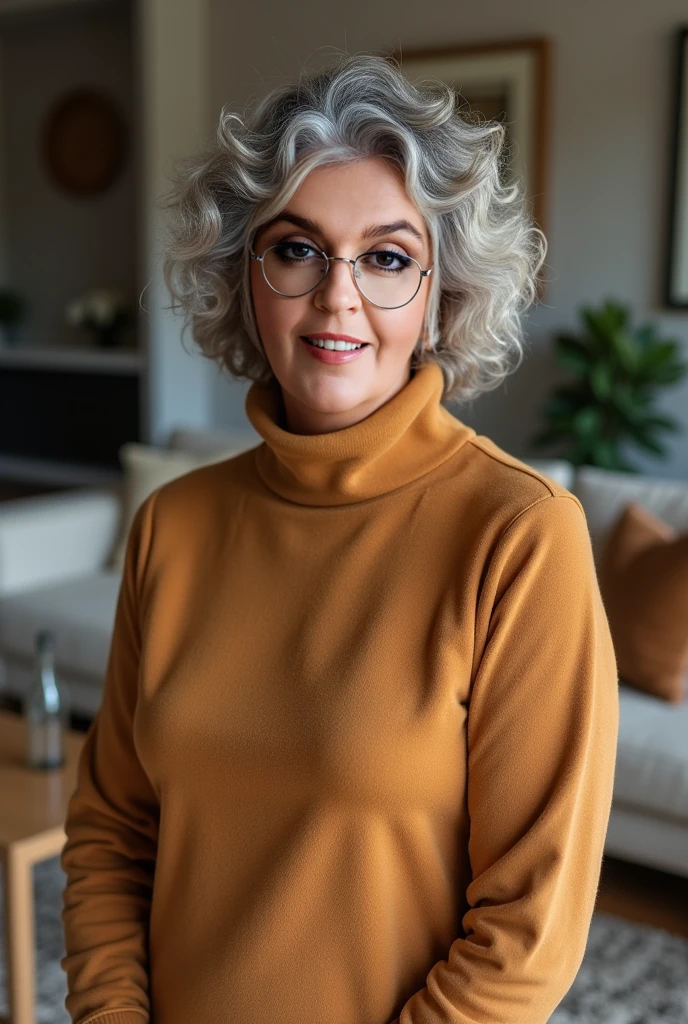 Mature 60+ modern fancy aged women wearing-fitting turtleneck bodycon dress. Her big breasts showing their big size she is wearing white glasses long earnings with lipstick