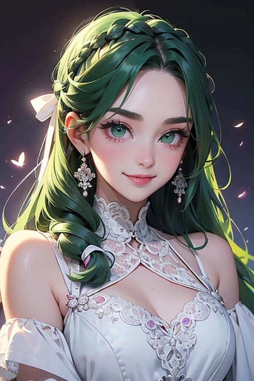 Illustration, Anime Style, (Masterpiece, Top Quality, Ultra Detailed, High Resolution), Perfect Face, Side Light, Shiny Skin, (Bloom), (Shine), Lighting, Ray Tracing, 1girl, Solo, Green Hair, Green Glowing Eyes, Summer Everyday Wear, Hair Bow, Pink Skirt, Bow, Pink Bow, Lips, Upper Body, Curly Hair, Chest, Turtleneck Sweater, Parted Lips, Jewelry, depth_of_ field, highly detailed background, highly detailed background, masterpiece, super detail, great composition,dynamic angle,[bottle bottom],(wide shot), very delicate and beautiful,(best quality), depth of field, solo, extreme light and shadow, masterpiece, rich in detail, (fine features), (best quality), (masterpiece), (detail), (beautiful) detail, Beautiful Detail Eye,(Straight On), Upper Body,(Very Detail CG Unity 8k wallpaper),(Masterpiece), (Best Quality), (Super Detail)(Best Illustration)(Best Shadow),Perfect Lighting,Perfect Anatomy