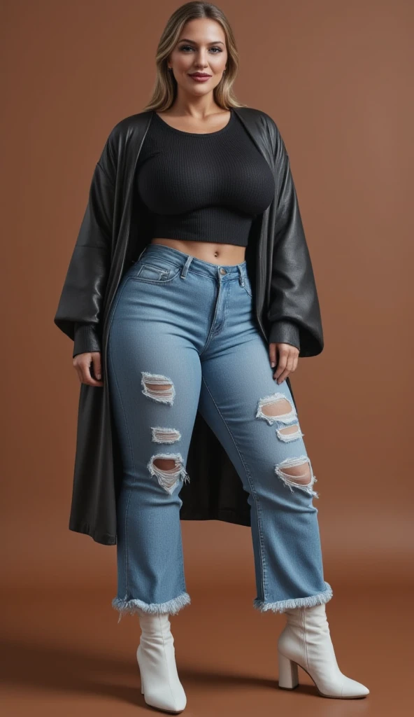 Sexy black woman athletic body big breasts hair with braids naked jacket long boots