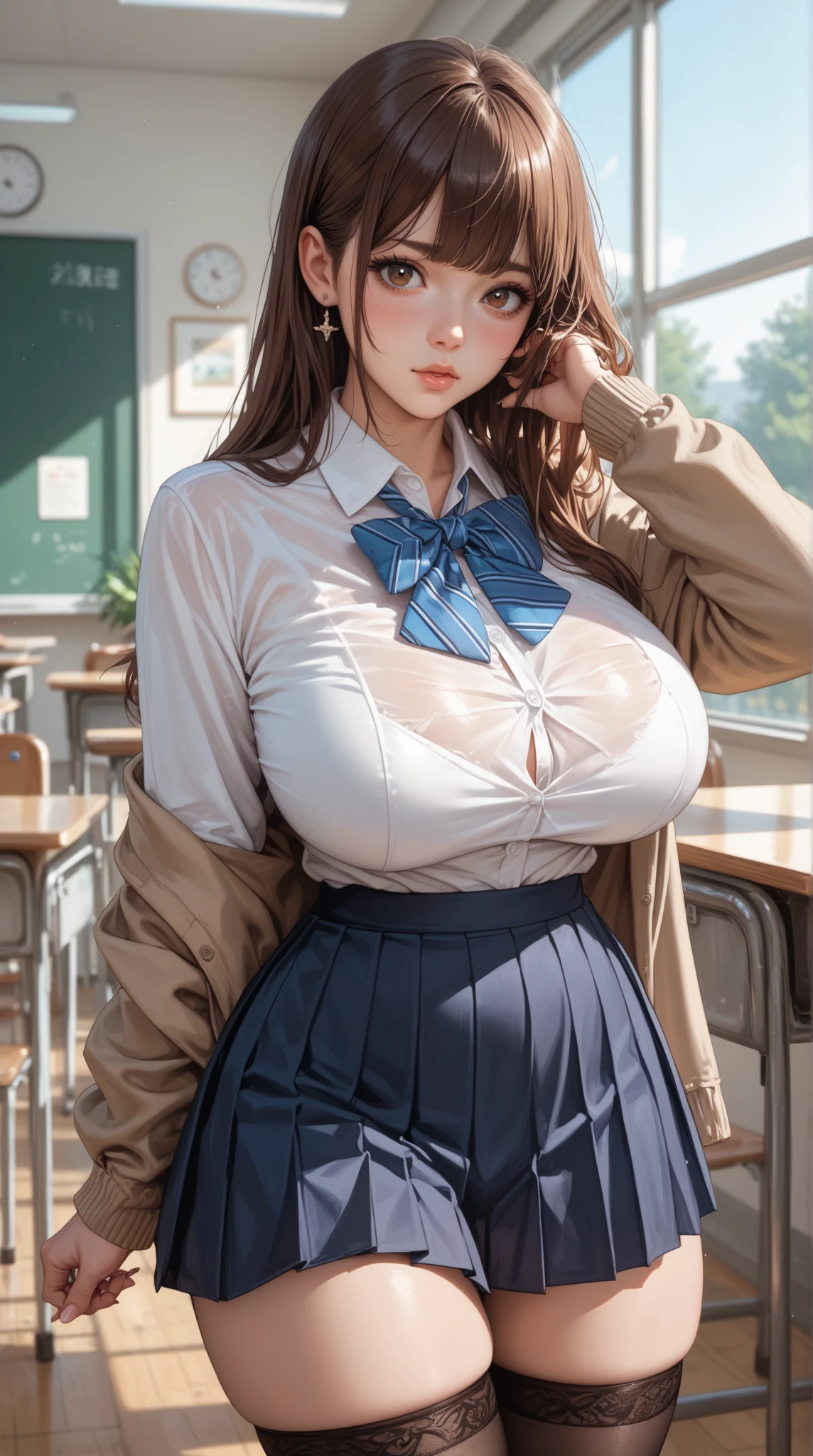 (highest quality), (((masterpiece))), (neat sailor suit)), classroom, ((huge breasts)), ((A clean navy blue skirt)), mini skirt, (Neat sailor ribbon), ((perfect fingers)), (perfect anatomy), (perfect face)、expose one&#39;s crotch、I can see your breasts、She feels embarrassed that her pink nipples are visible、blush、sexy look、expression of ecstasy、feel an orgasm、climax moment、Two-dimensional beautiful girl、slim body shape、big breasts、bobへあ、bobヘアスタイル、bob、Limited to 1 female, cardigan /(High waist long skirt/), mature woman, /(brown hair/) bangs, looking at the bookshelf, (masterpiecehighest quality:1.3) Delicate illustrations super detailed, Big breasts BREAK /(public library/) indoors, bookshelf