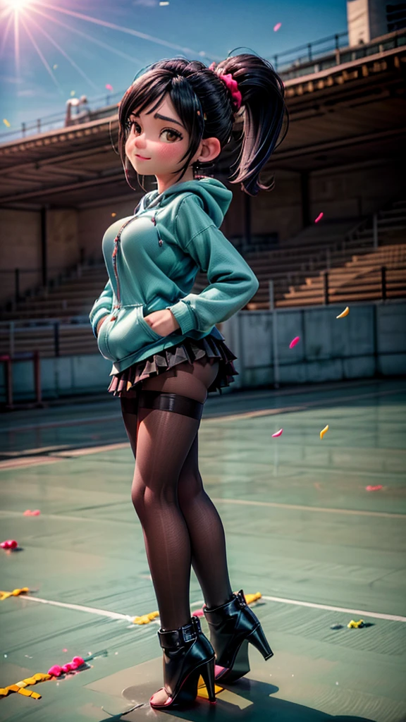 one girl,Bibi,brawl stars,slim,Japanese,black,short hair,purple jacket,Pink T-shirt,short shorts,stockings,knee-high boots,heels,bits.