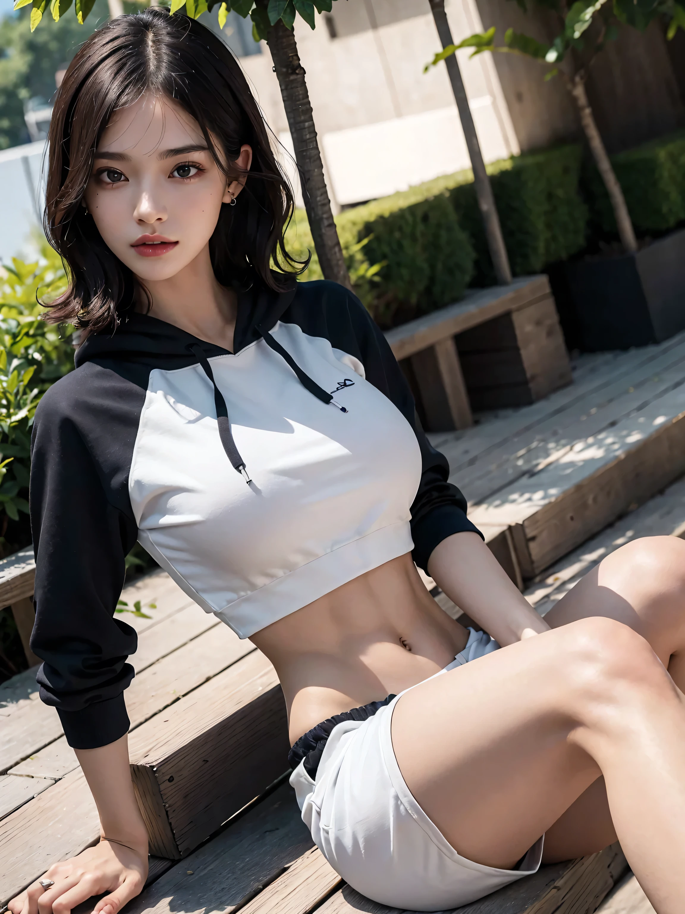 disorganized, Raw photo, very delicate and beautiful, masterpiece, highest quality, ultra high resolution, 32k, surreal, Super detailed, perfect anatomy, perfect figure, super dense skin, Highly detailed CG 8k wallpaper, 20's, Very slim body, tight waist, very small head, very small face, delicate features, tearful mole, earrings, thin legs, (very huge round breasts:1.2), (full body shot:1.1), (1 girl:1.2), short hair, (wavy hair:1.2), (wet clothes:1.1), (hoodie:1.2), skirt, abdomen, No sleeve,